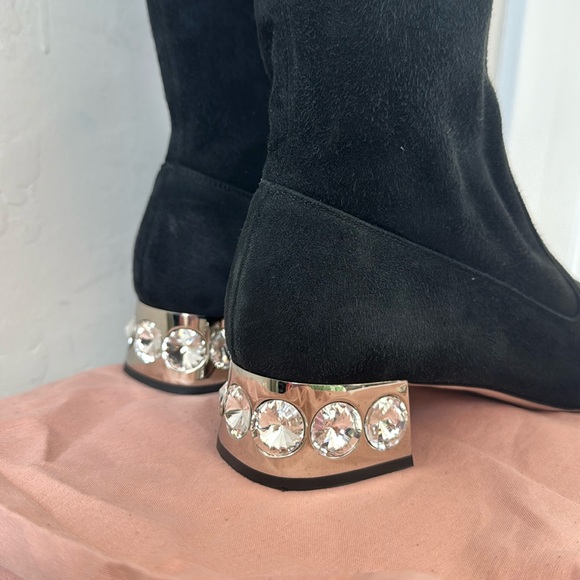 MIU MIU Prada Suede Crystal Jeweled Heel Knee High Boots Size 37 / US 7 - Picture 3 of 10
